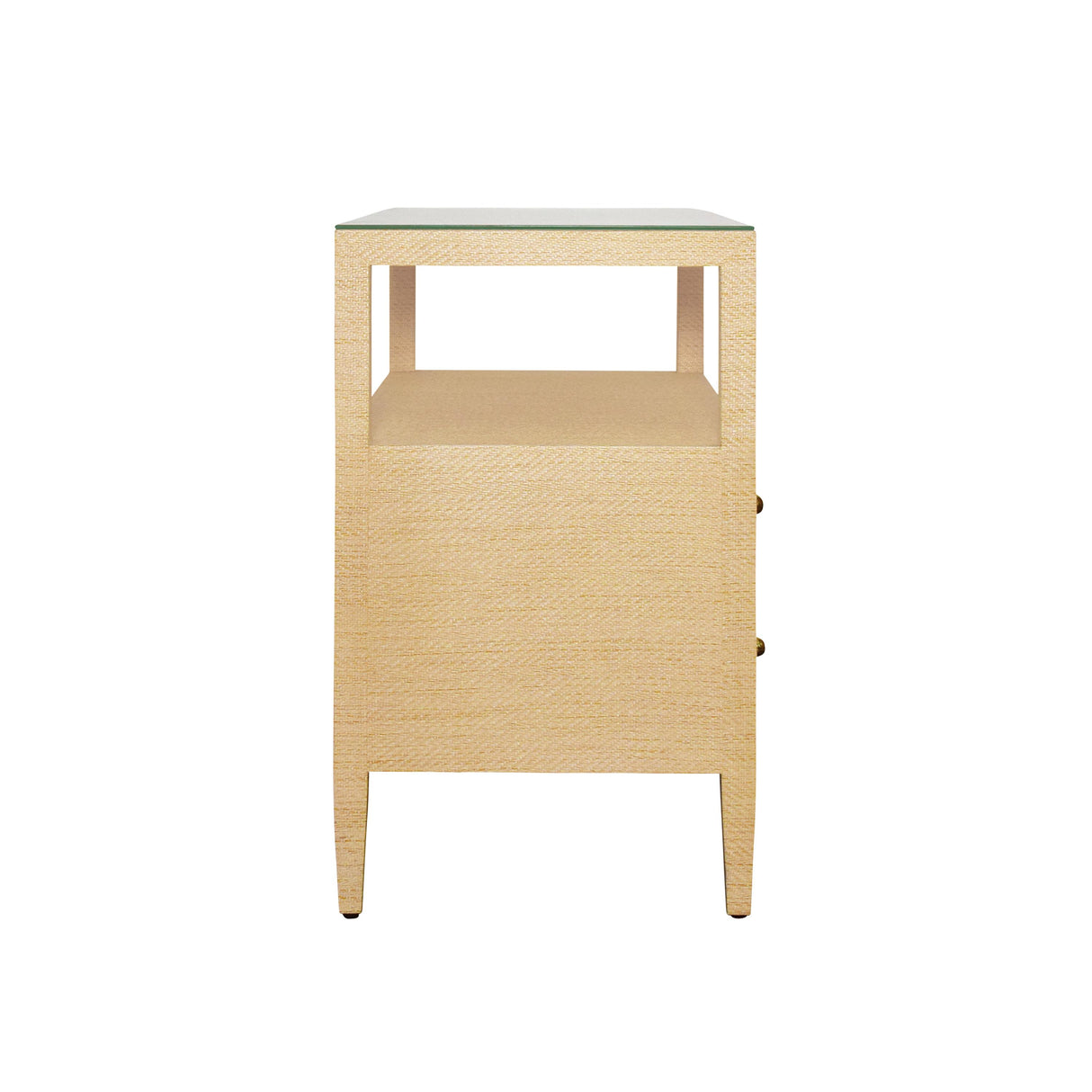 Worlds Away Two Drawer Side Table With Open Top Shelf In Natural Grasscloth With Polished Brass Knobs