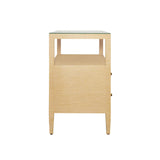 Worlds Away Two Drawer Side Table With Open Top Shelf In Natural Grasscloth With Polished Brass Knobs
