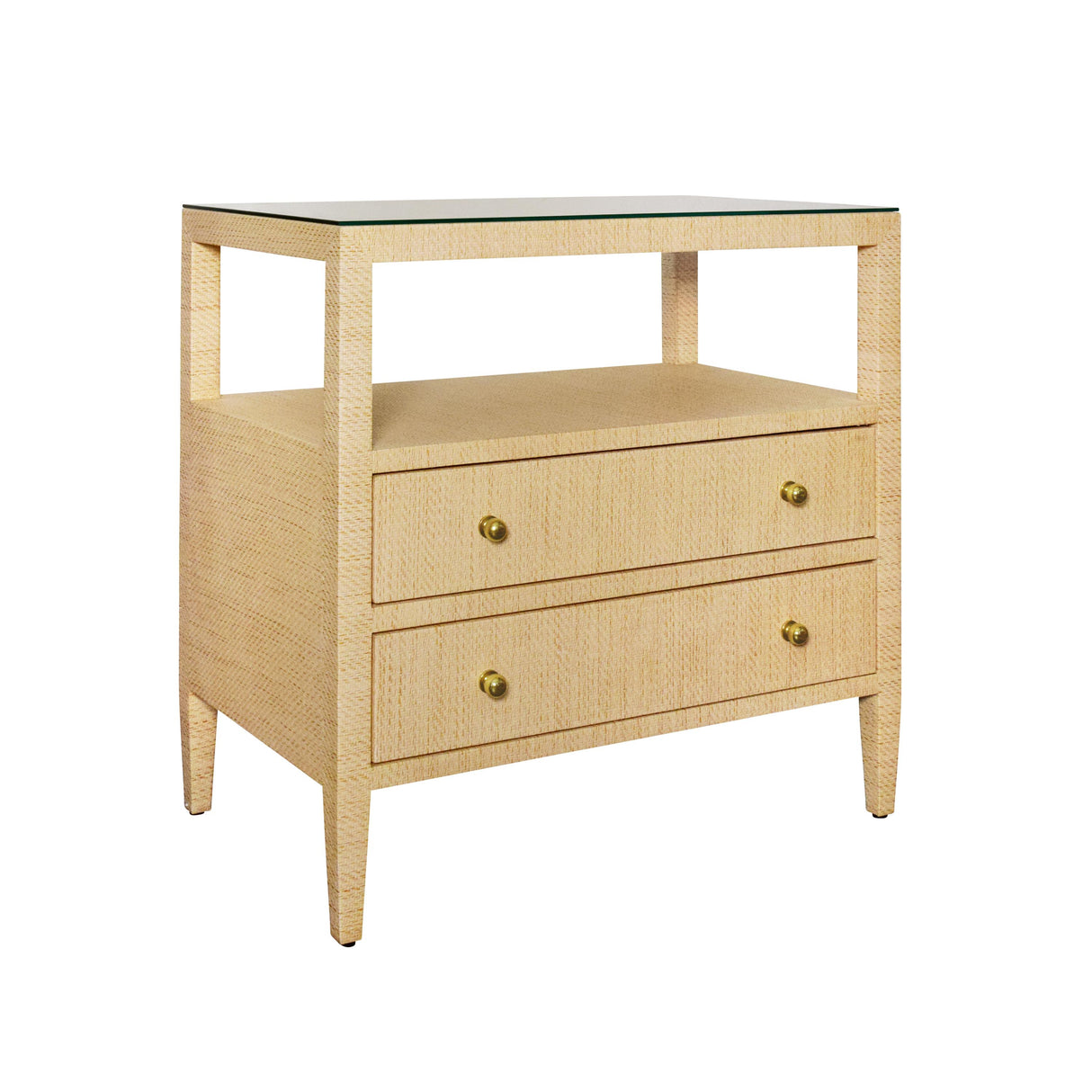 Worlds Away Two Drawer Side Table With Open Top Shelf In Natural Grasscloth With Polished Brass Knobs