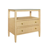 Worlds Away Two Drawer Side Table With Open Top Shelf In Natural Grasscloth With Polished Brass Knobs