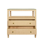 Worlds Away Two Drawer Side Table With Open Top Shelf In Natural Grasscloth With Polished Brass Knobs