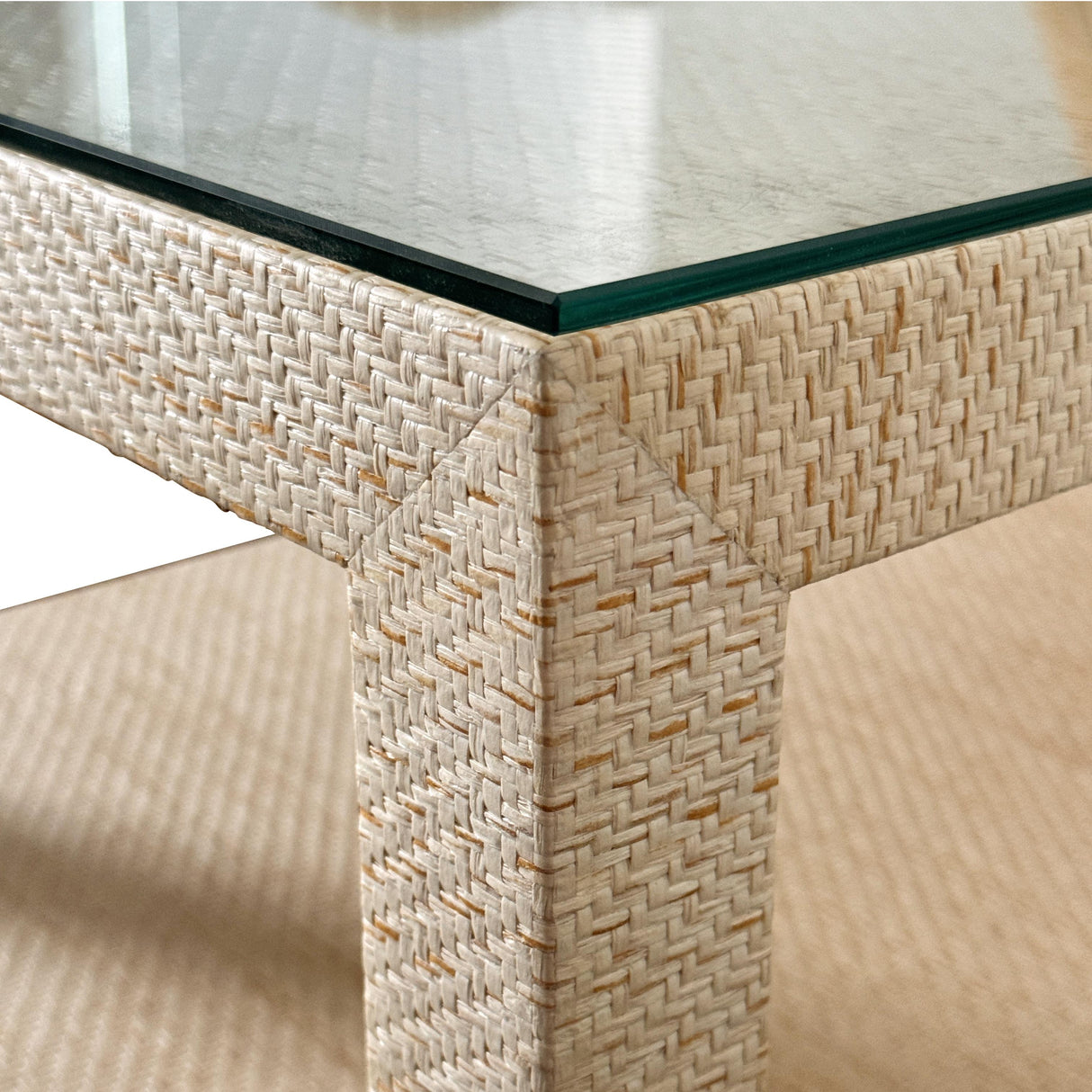 Worlds Away Two Drawer Side Table With Open Top Shelf In Natural Grasscloth With Polished Brass Knobs
