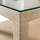 Worlds Away Two Drawer Side Table With Open Top Shelf In Natural Grasscloth With Polished Brass Knobs