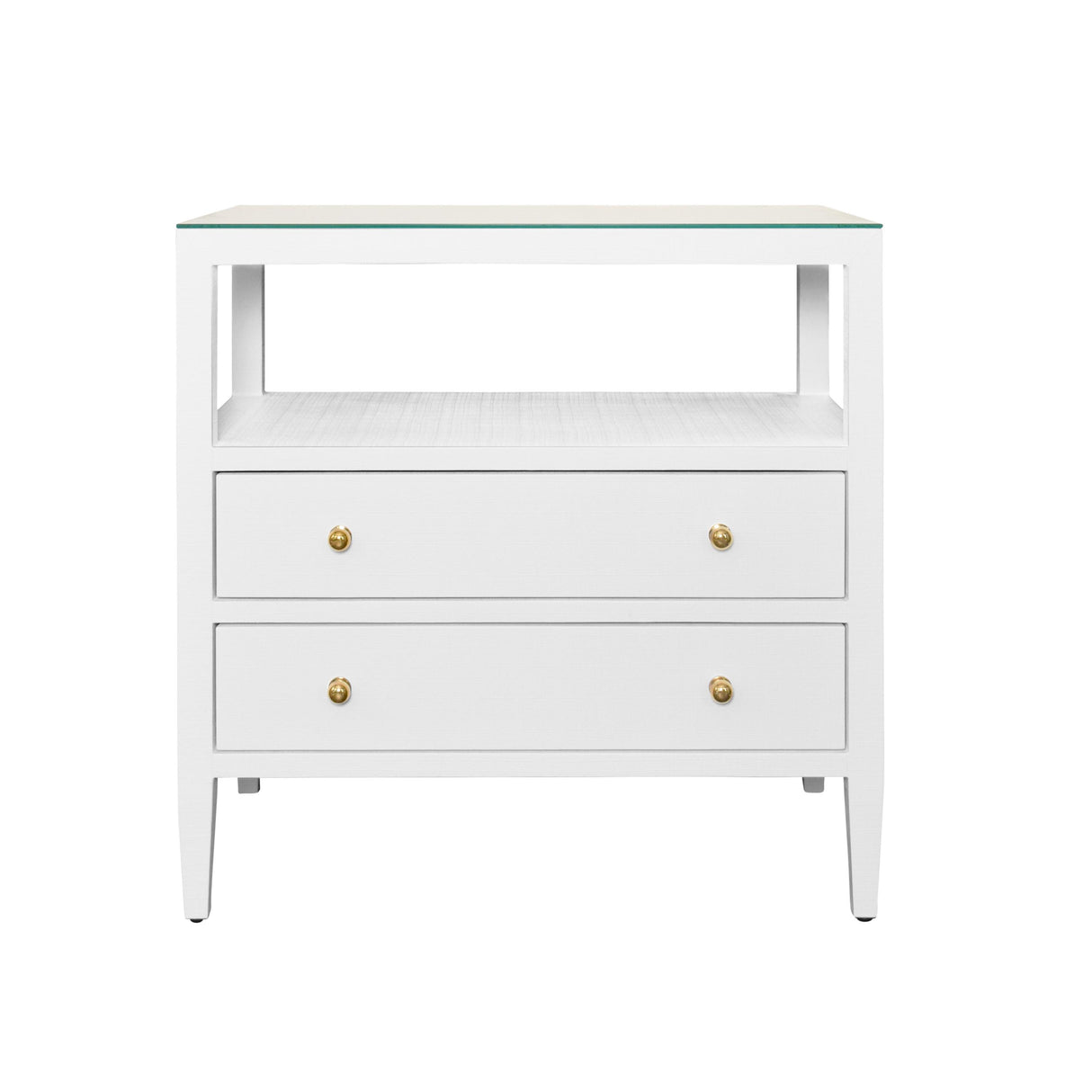 Worlds Away Two Drawer Side Table With Open Top Shelf In Textured White Linen With Polished Brass Knobs