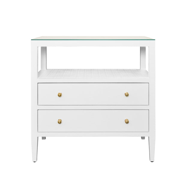 Worlds Away Two Drawer Side Table With Open Top Shelf In Textured White Linen With Polished Brass Knobs