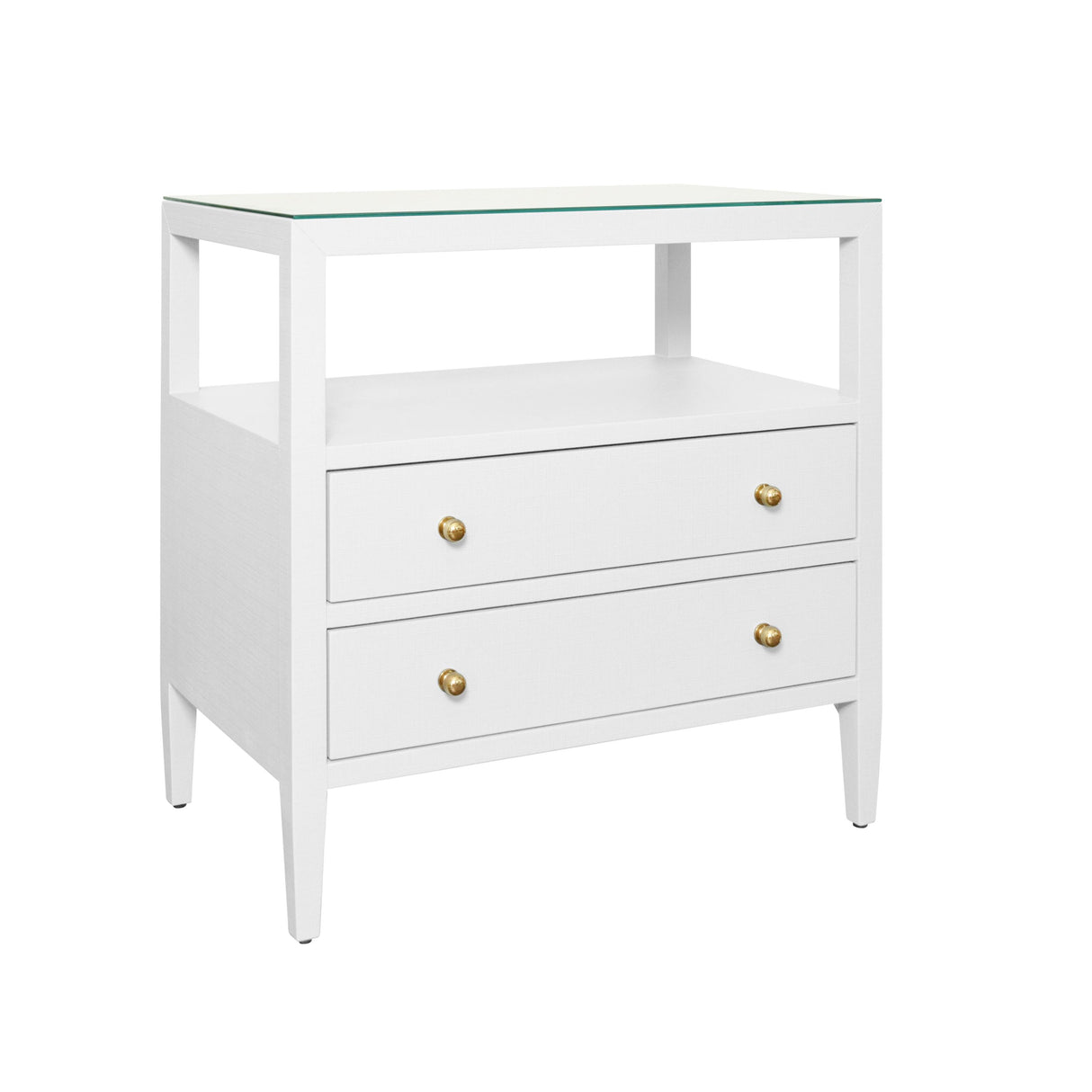 Worlds Away Two Drawer Side Table With Open Top Shelf In Textured White Linen With Polished Brass Knobs