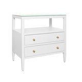 Worlds Away Two Drawer Side Table With Open Top Shelf In Textured White Linen With Polished Brass Knobs