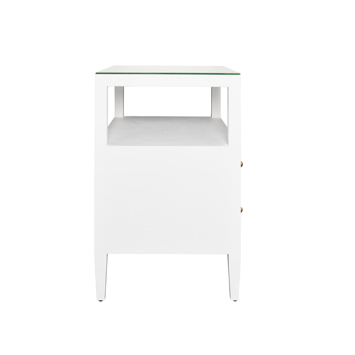 Worlds Away Two Drawer Side Table With Open Top Shelf In Textured White Linen With Polished Brass Knobs