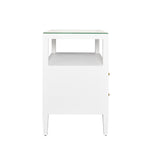 Worlds Away Two Drawer Side Table With Open Top Shelf In Textured White Linen With Polished Brass Knobs