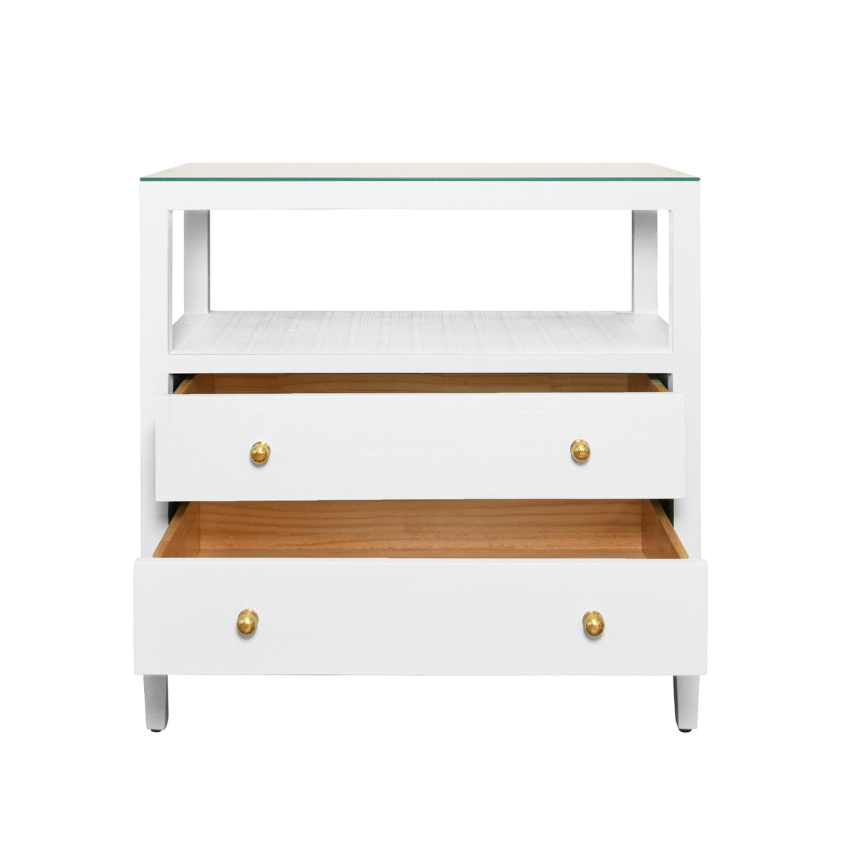 Worlds Away Two Drawer Side Table With Open Top Shelf In Textured White Linen With Polished Brass Knobs