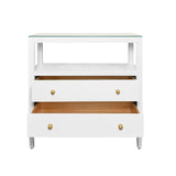 Worlds Away Two Drawer Side Table With Open Top Shelf In Textured White Linen With Polished Brass Knobs