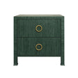 Worlds Away Two Drawer Side Table With Antique Brass Circle Hardware In Dyed Green Grasscloth