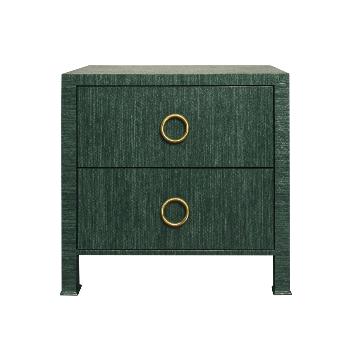 Worlds Away Two Drawer Side Table With Antique Brass Circle Hardware In Dyed Green Grasscloth