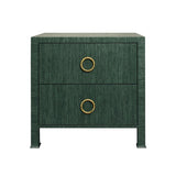 Worlds Away Two Drawer Side Table With Antique Brass Circle Hardware In Dyed Green Grasscloth