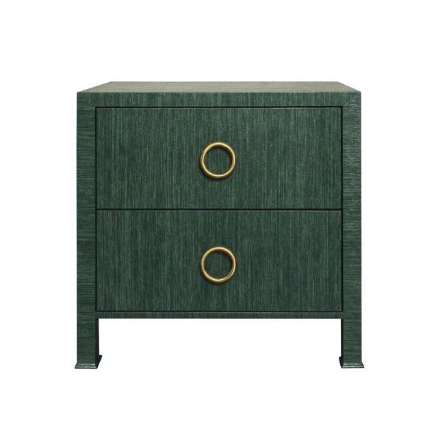 Worlds Away Two Drawer Side Table With Antique Brass Circle Hardware In Dyed Green Grasscloth
