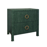 Worlds Away Two Drawer Side Table With Antique Brass Circle Hardware In Dyed Green Grasscloth