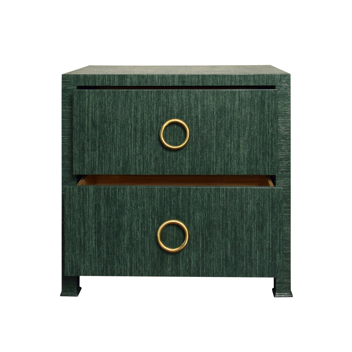 Worlds Away Two Drawer Side Table With Antique Brass Circle Hardware In Dyed Green Grasscloth