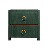 Worlds Away Two Drawer Side Table With Antique Brass Circle Hardware In Dyed Green Grasscloth
