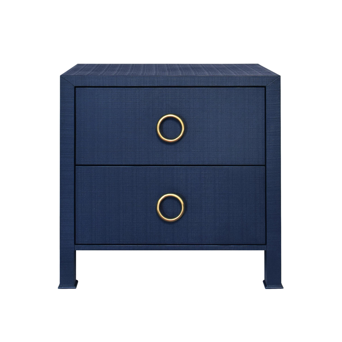Worlds Away Two Drawer Side Table With Antique Brass Circle Hardware In Textured Navy Linen