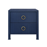 Worlds Away Two Drawer Side Table With Antique Brass Circle Hardware In Textured Navy Linen