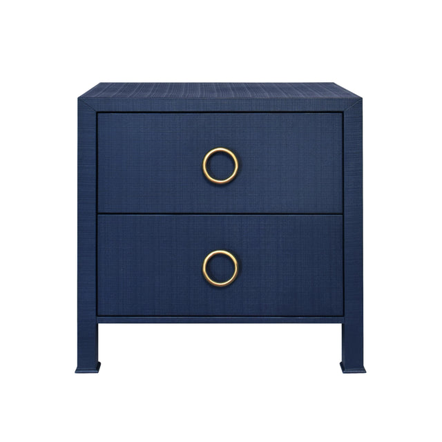 Worlds Away Two Drawer Side Table With Antique Brass Circle Hardware In Textured Navy Linen