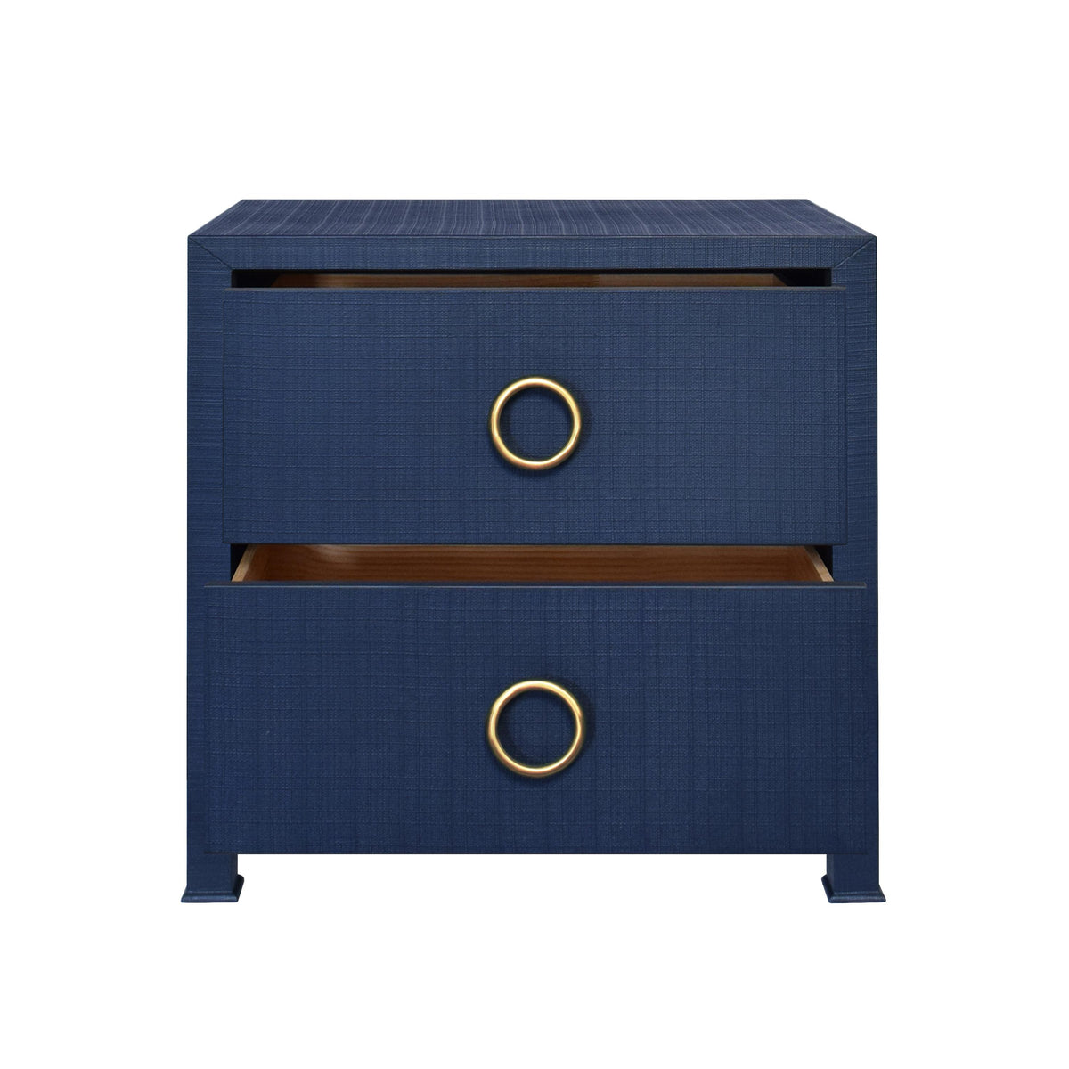 Worlds Away Two Drawer Side Table With Antique Brass Circle Hardware In Textured Navy Linen