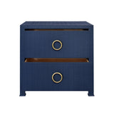 Worlds Away Two Drawer Side Table With Antique Brass Circle Hardware In Textured Navy Linen