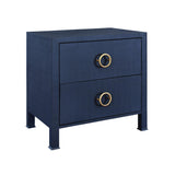 Worlds Away Two Drawer Side Table With Antique Brass Circle Hardware In Textured Navy Linen