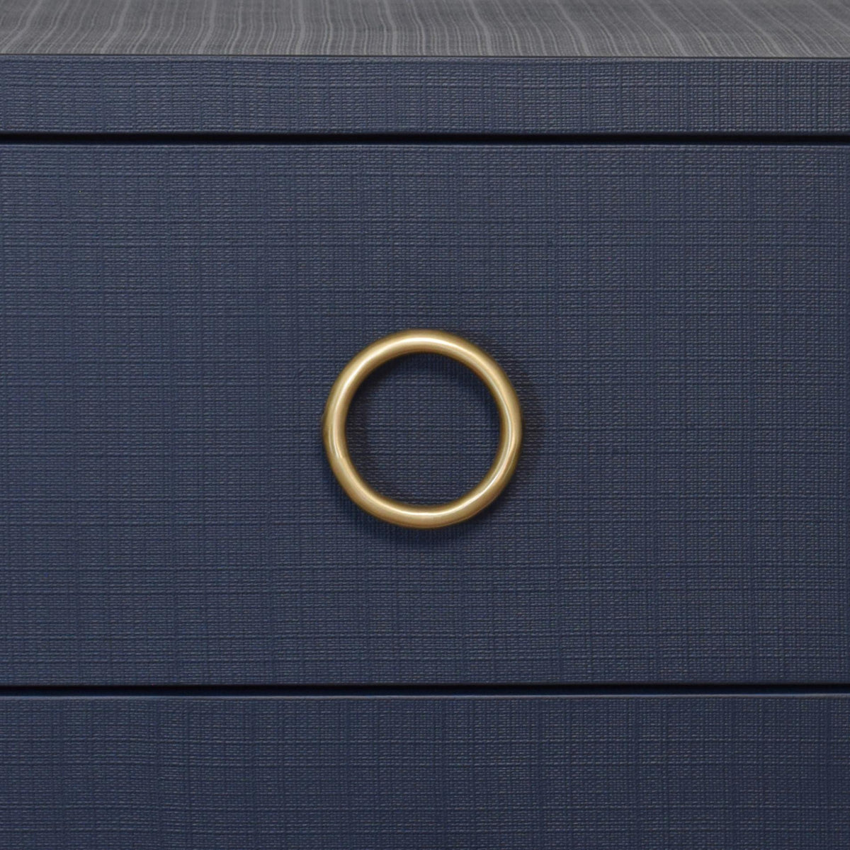 Worlds Away Two Drawer Side Table With Antique Brass Circle Hardware In Textured Navy Linen
