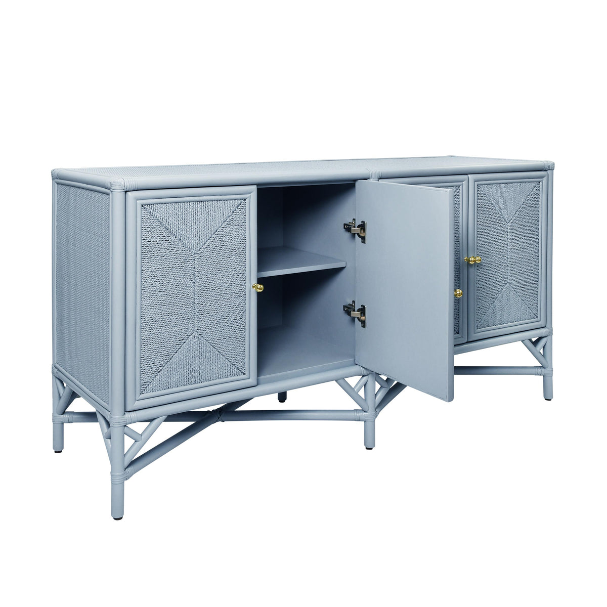 Worlds Away Rattan Four Door Cabinet With Rope Front Doors In Painted Light Blue