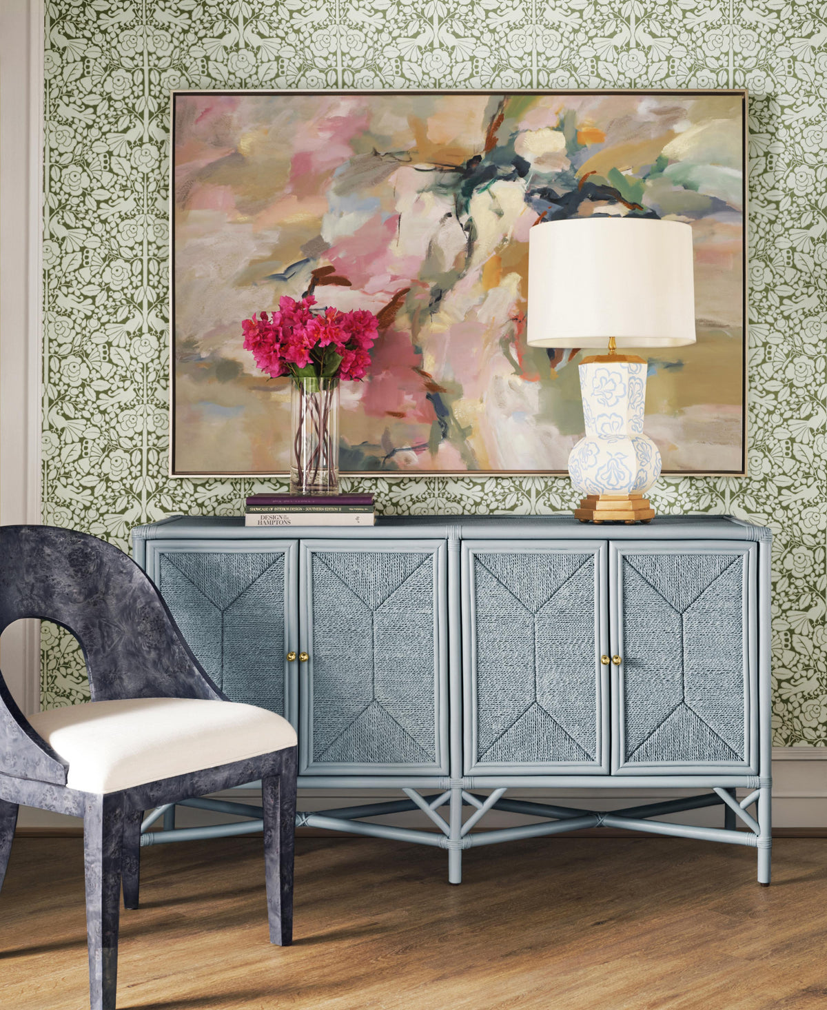 Worlds Away Rattan Four Door Cabinet With Rope Front Doors In Painted Light Blue