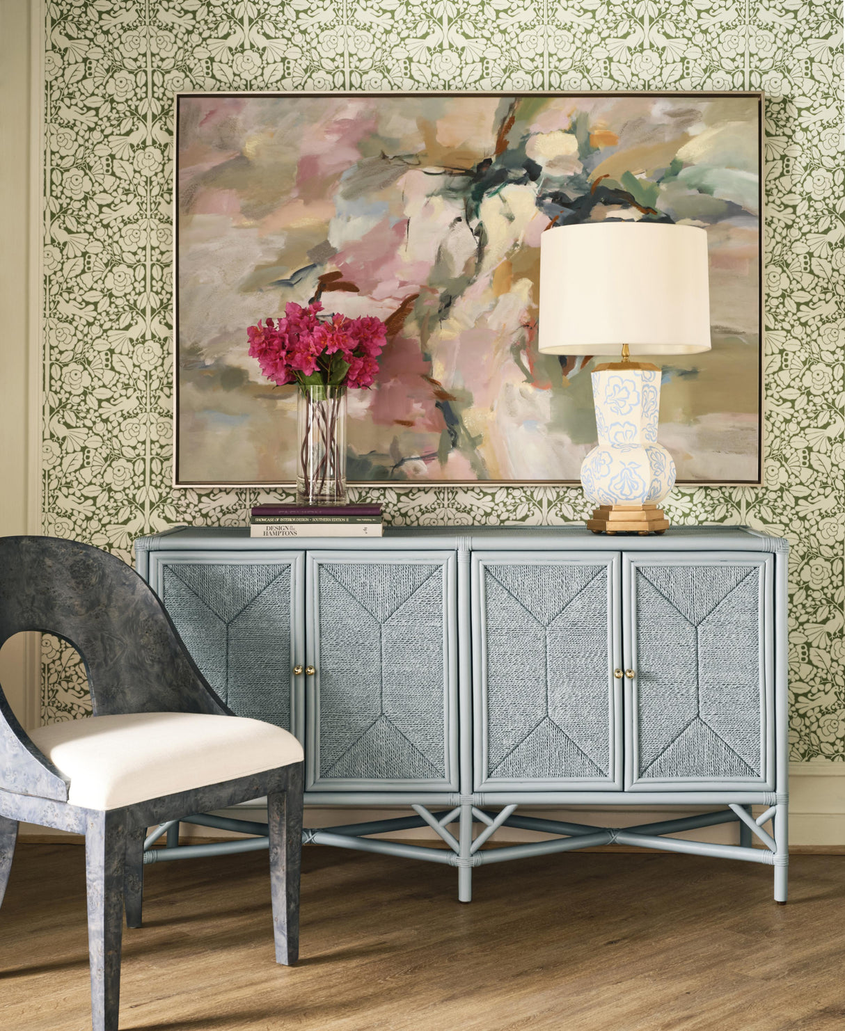 Worlds Away Rattan Four Door Cabinet With Rope Front Doors In Painted Light Blue
