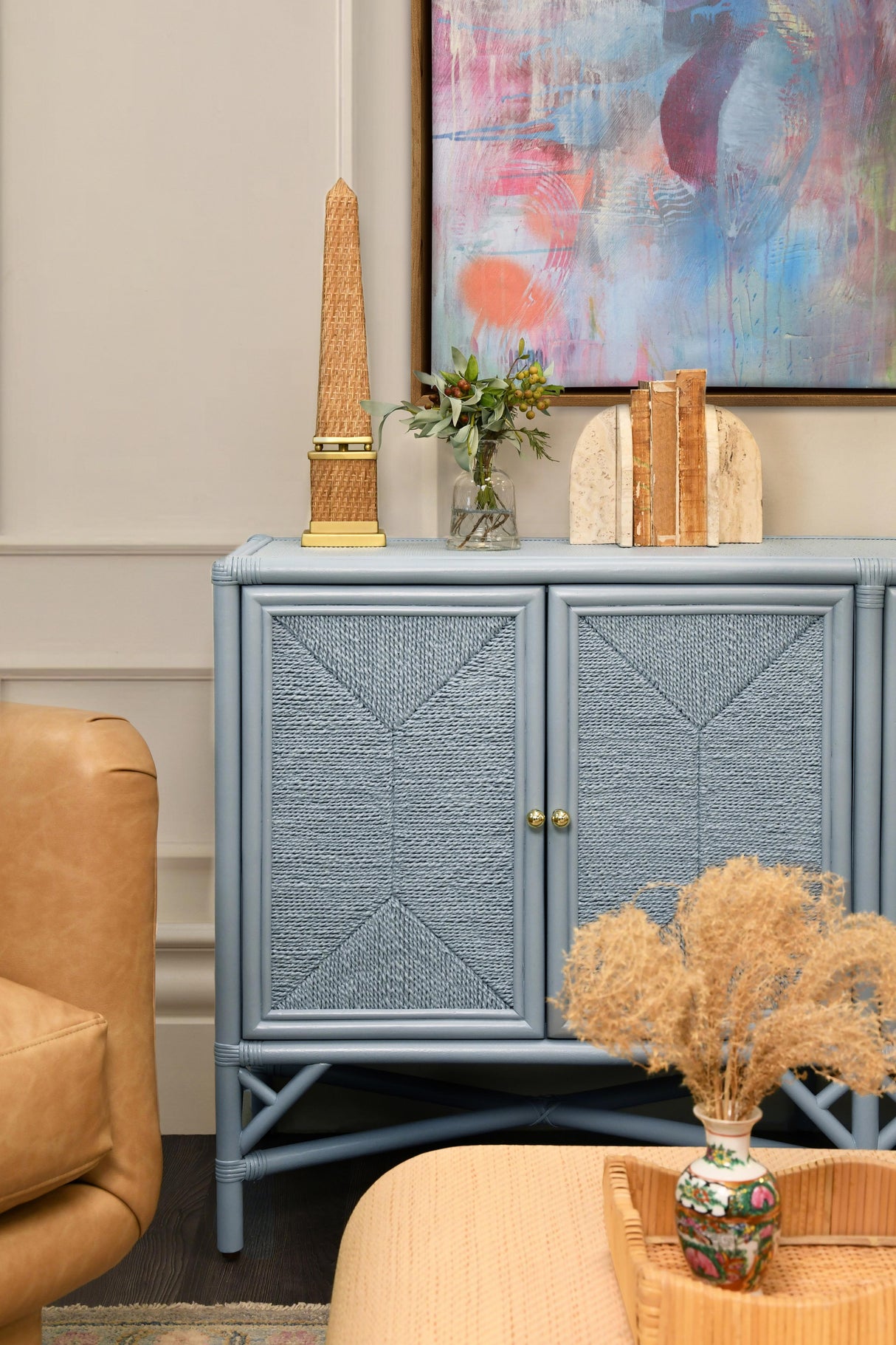 Worlds Away Rattan Four Door Cabinet With Rope Front Doors In Painted Light Blue