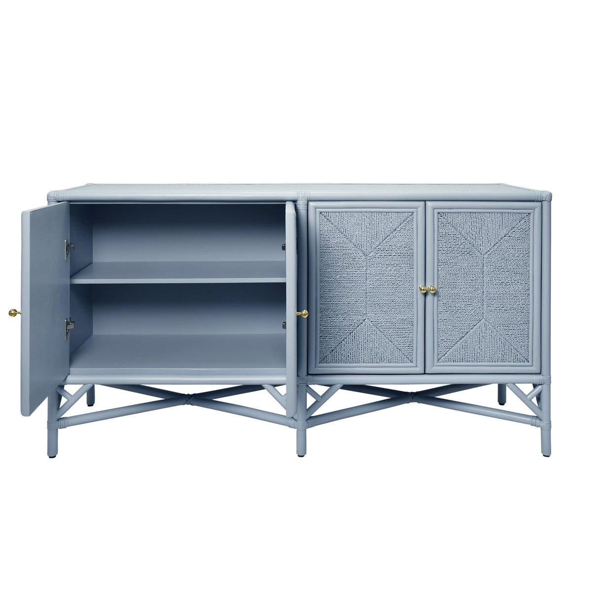 Worlds Away Rattan Four Door Cabinet With Rope Front Doors In Painted Light Blue
