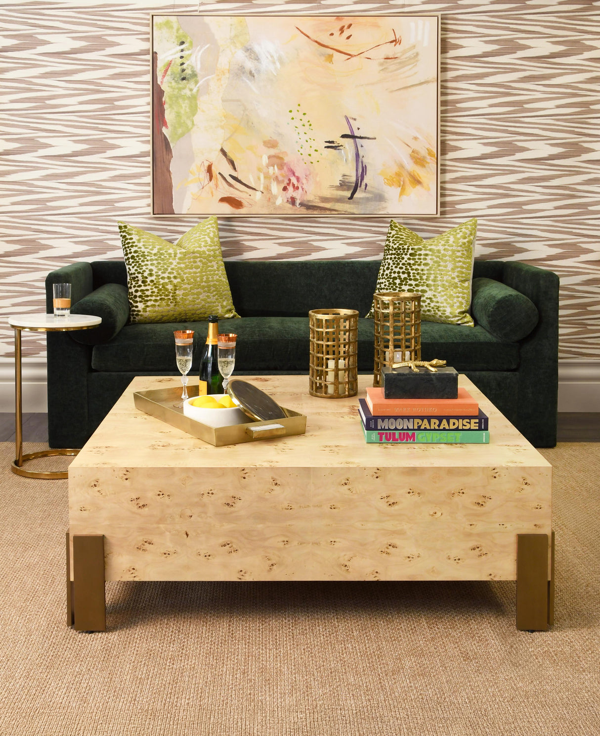 Worlds Away Square Chunk Coffee Table With Antique Brass Leg Brackets In Burl Wood