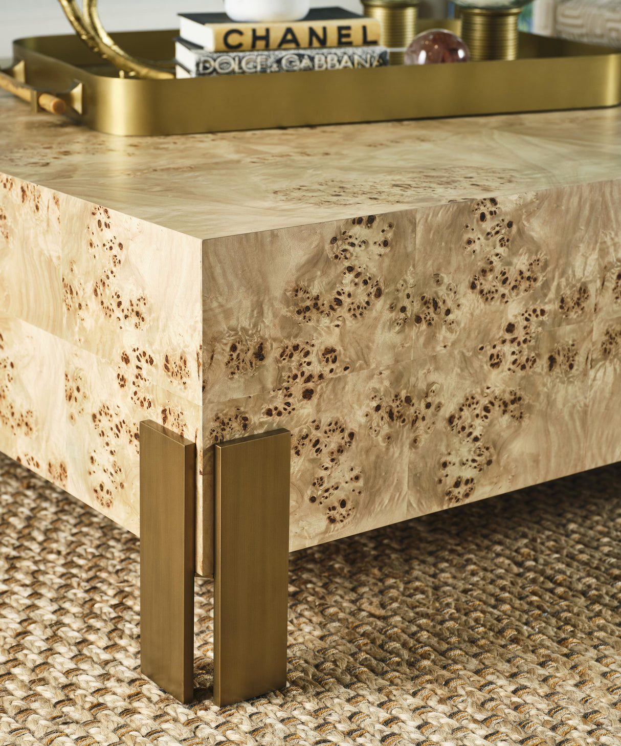 Worlds Away Square Chunk Coffee Table With Antique Brass Leg Brackets In Burl Wood