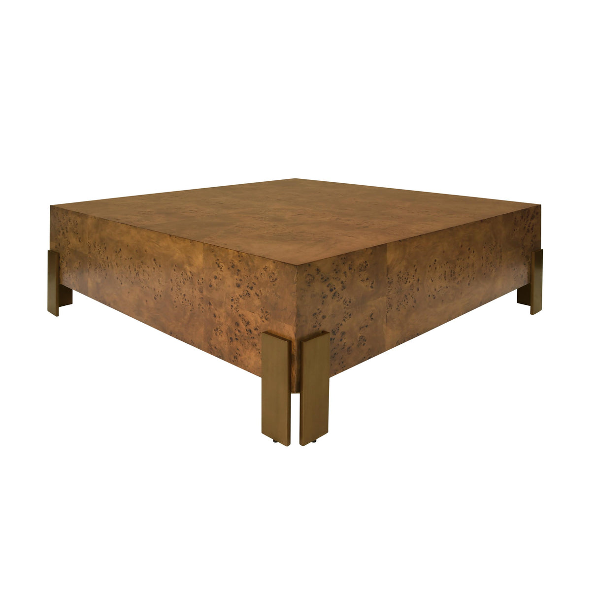 Worlds Away Square Chunk Coffee Table With Antique Brass Leg Brackets In Dark Burl Wood