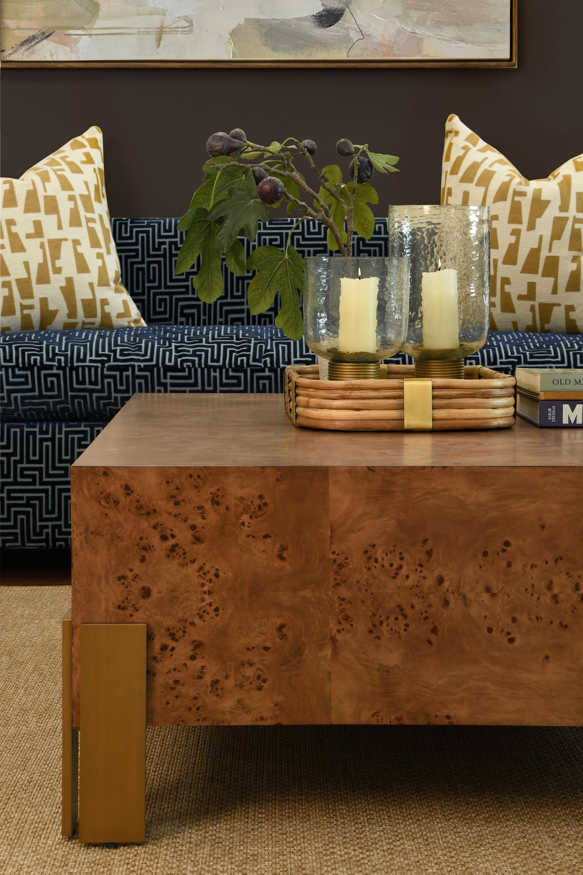 Worlds Away Square Chunk Coffee Table With Antique Brass Leg Brackets In Dark Burl Wood