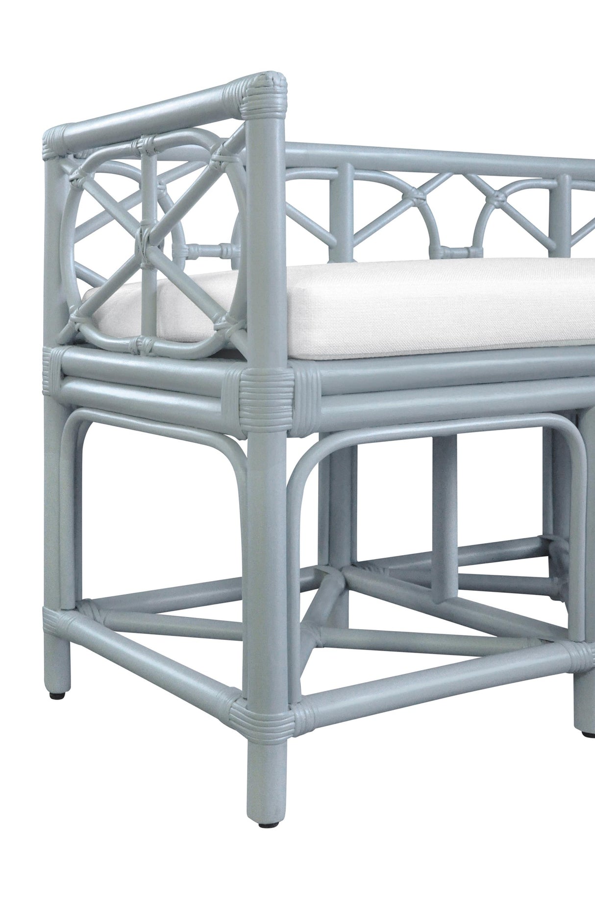 Worlds Away Decorative Bench With Performance Ivory Cushion In Rattan In Light Blue