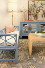 Worlds Away Decorative Bench With Performance Ivory Cushion In Rattan In Light Blue