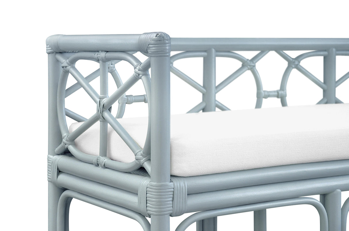 Worlds Away Decorative Bench With Performance Ivory Cushion In Rattan In Light Blue