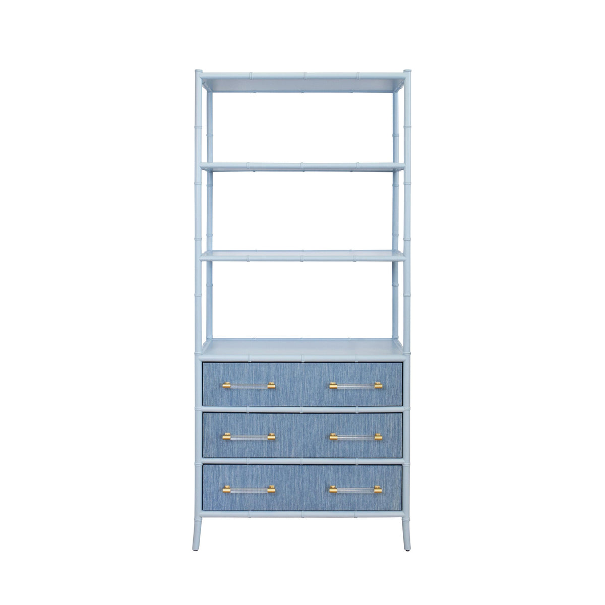 Worlds Away Three Drawer Etagere With Bamboo Detail In Blue Dyed Grasscloth And Light Blue Matte Lacquer