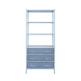 Worlds Away Three Drawer Etagere With Bamboo Detail In Blue Dyed Grasscloth And Light Blue Matte Lacquer