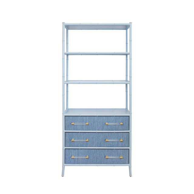 Worlds Away Three Drawer Etagere With Bamboo Detail In Blue Dyed Grasscloth And Light Blue Matte Lacquer