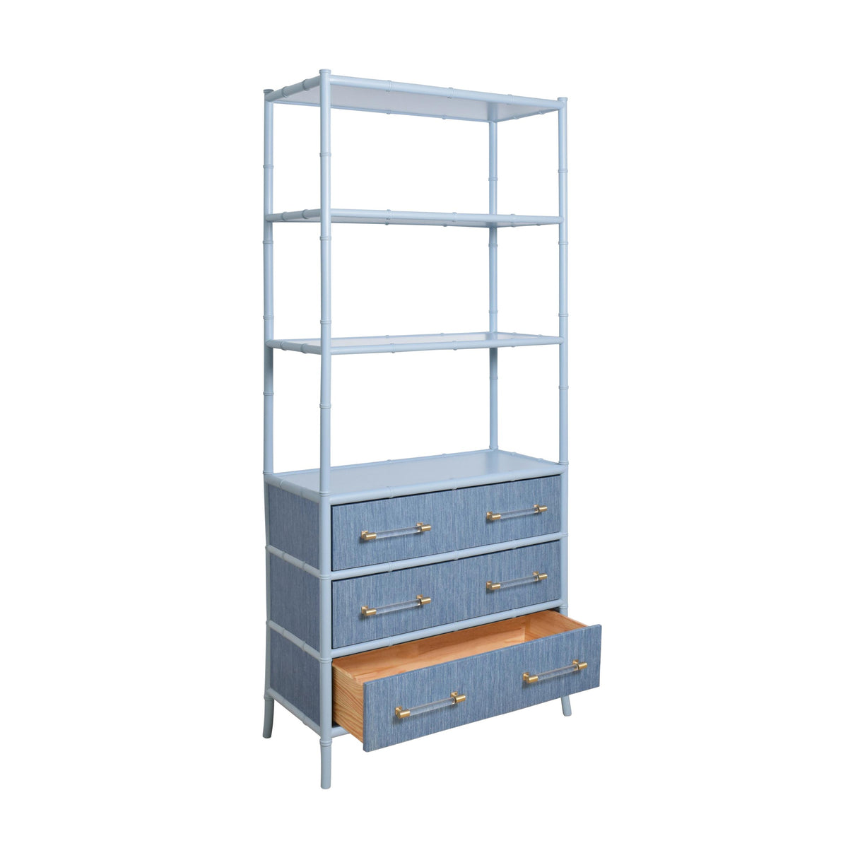 Worlds Away Three Drawer Etagere With Bamboo Detail In Blue Dyed Grasscloth And Light Blue Matte Lacquer
