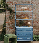 Worlds Away Three Drawer Etagere With Bamboo Detail In Blue Dyed Grasscloth And Light Blue Matte Lacquer