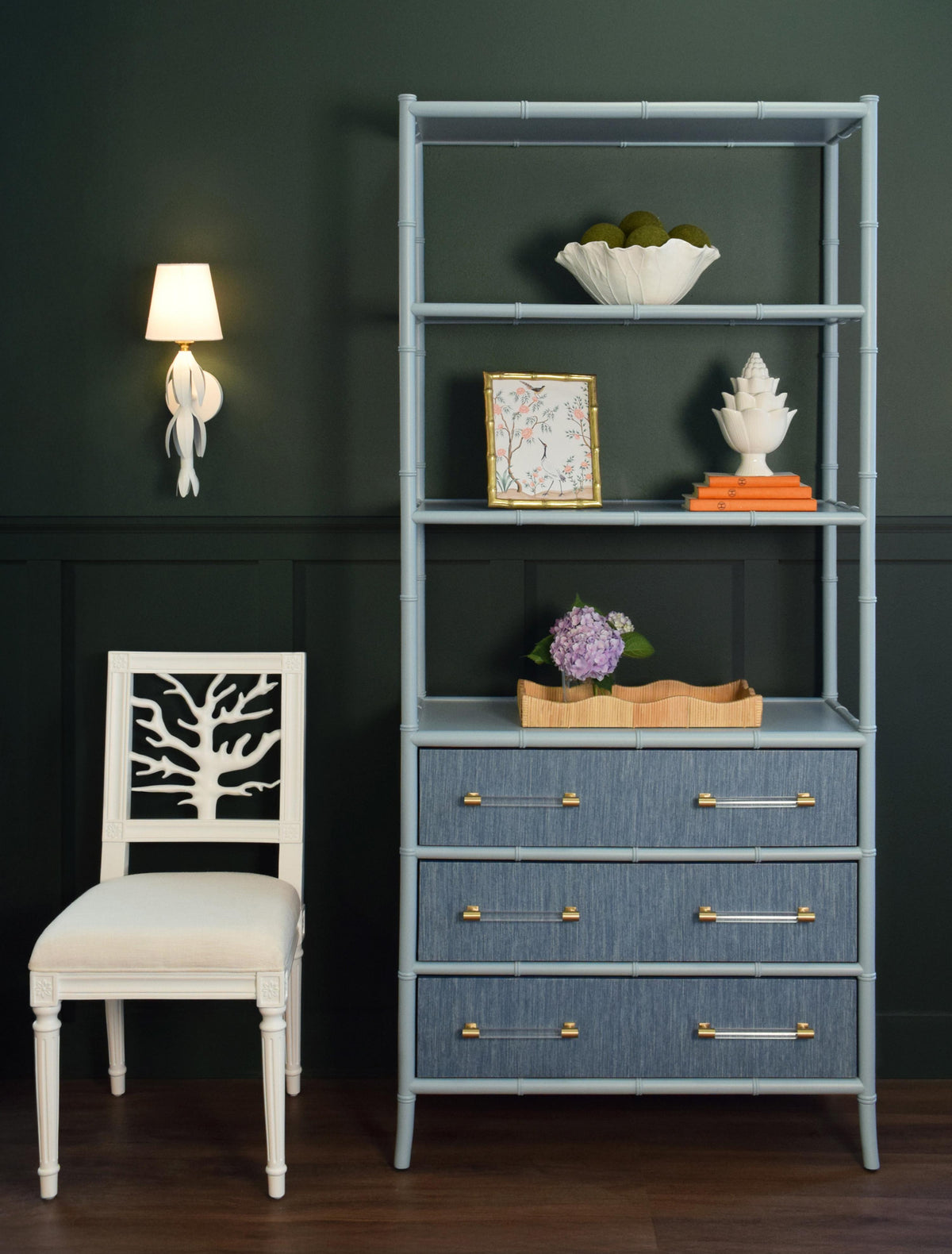Worlds Away Three Drawer Etagere With Bamboo Detail In Blue Dyed Grasscloth And Light Blue Matte Lacquer