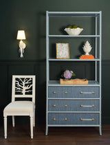 Worlds Away Three Drawer Etagere With Bamboo Detail In Blue Dyed Grasscloth And Light Blue Matte Lacquer