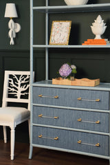Worlds Away Three Drawer Etagere With Bamboo Detail In Blue Dyed Grasscloth And Light Blue Matte Lacquer