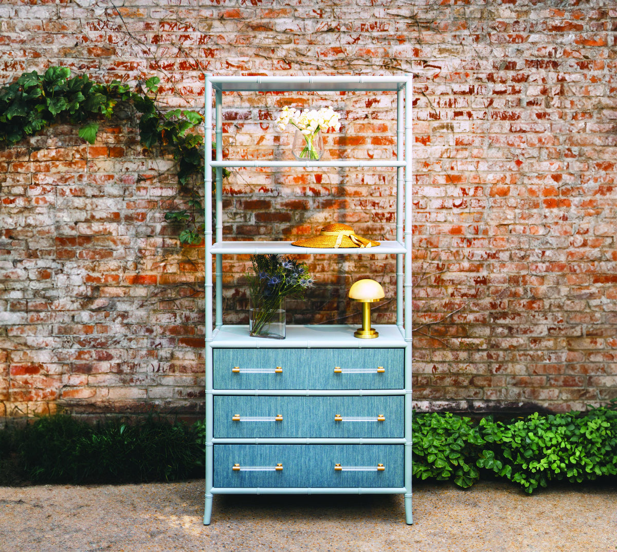 Worlds Away Three Drawer Etagere With Bamboo Detail In Blue Dyed Grasscloth And Light Blue Matte Lacquer